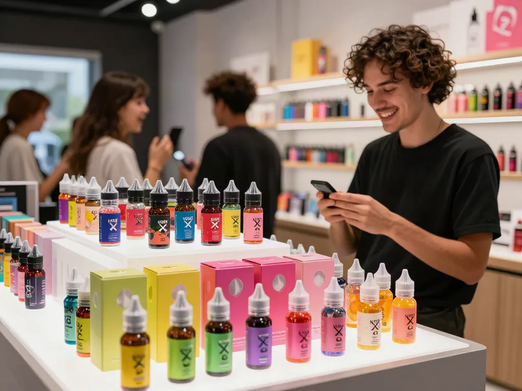 Customers exploring 2x vape juice flavors in a vibrant vape shop.