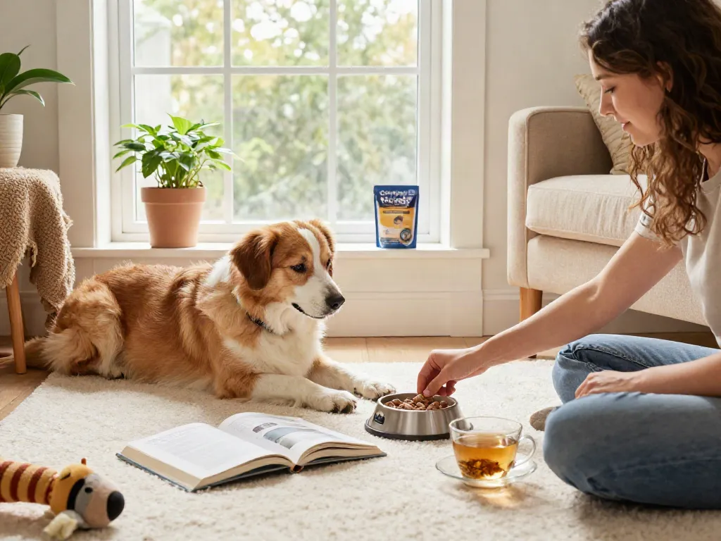 Calming Dog Treats placed next to a relaxed dog in a cozy living room, highlighting natural wellness.