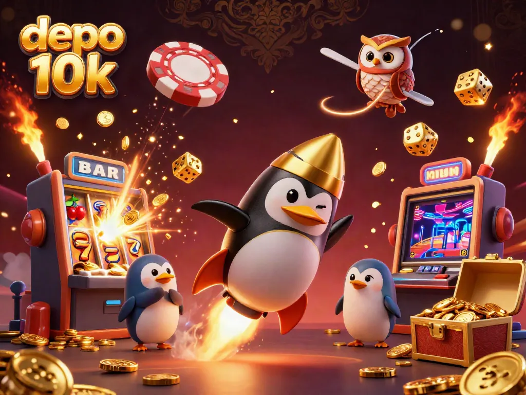 Experience the thrill of depo 10k with our vibrant 3D casino scene featuring a rocket-powered penguin and jackpot symbols.