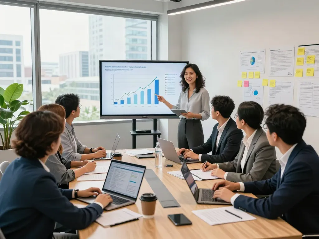 Business professionals collaborating in a meeting for Lead Roedl, showcasing teamwork and strategy in a modern office.