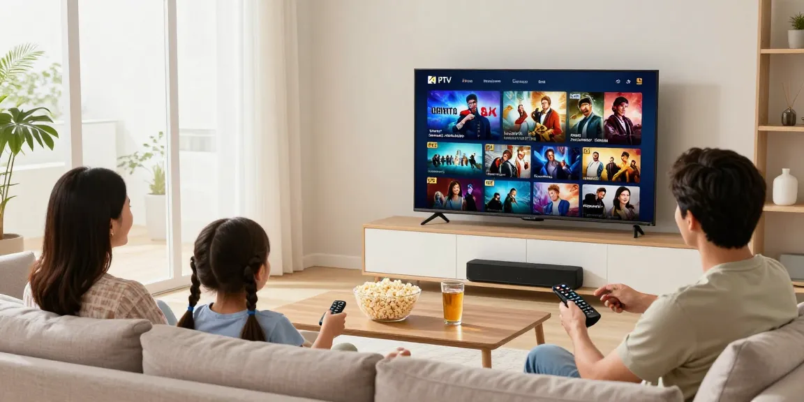 Familie geniet van IPTV met abonnement in een gezellige woonkamer met 4K kwaliteit.