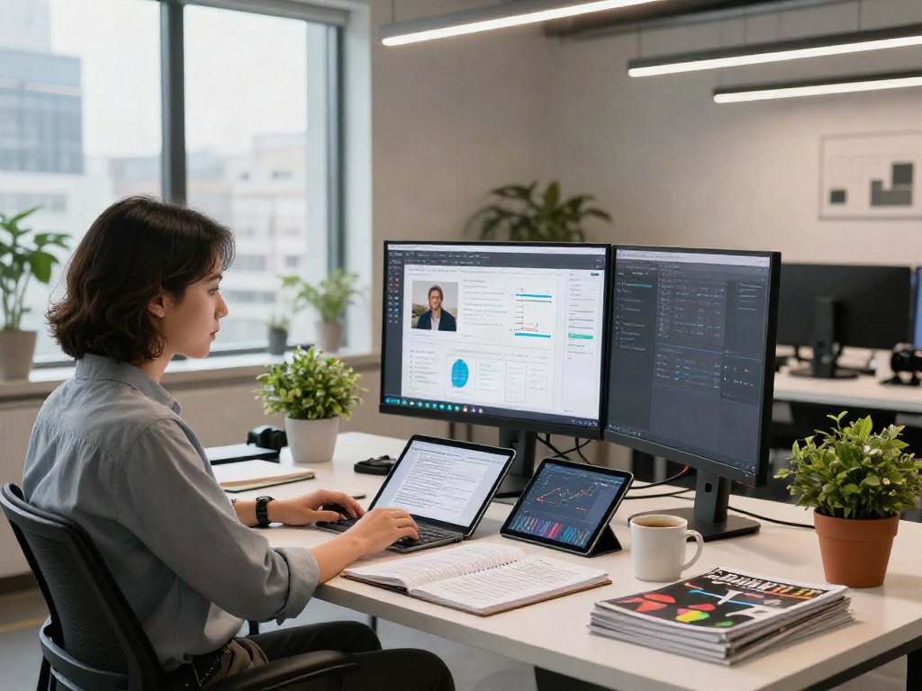 AI Image Detector software displayed on screen in a modern tech workspace with data analysis elements.