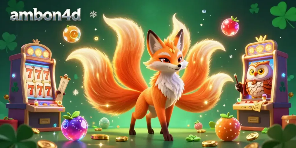 Experience thrilling winnings at ambon4d with a vibrant nine-tailed fox spirit and colorful slot elements.