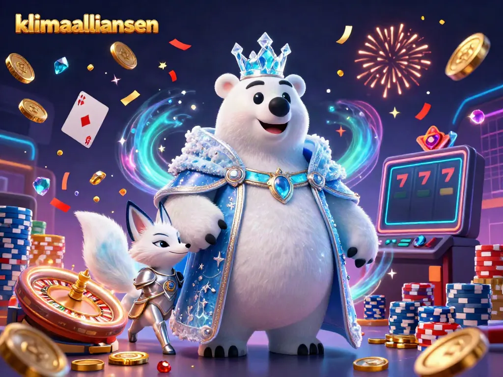 Experience the vibrant gambling world with klimaalliansen through an illustration of a regal ice king and snow fox amidst rich gaming elements.