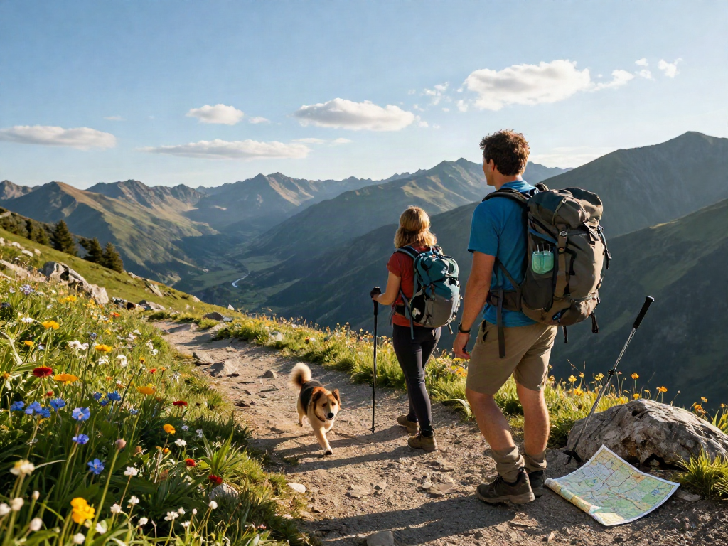 Hikers enjoying a stunning view on a mountain trail with slot qris 5k technology integration during their adventure.