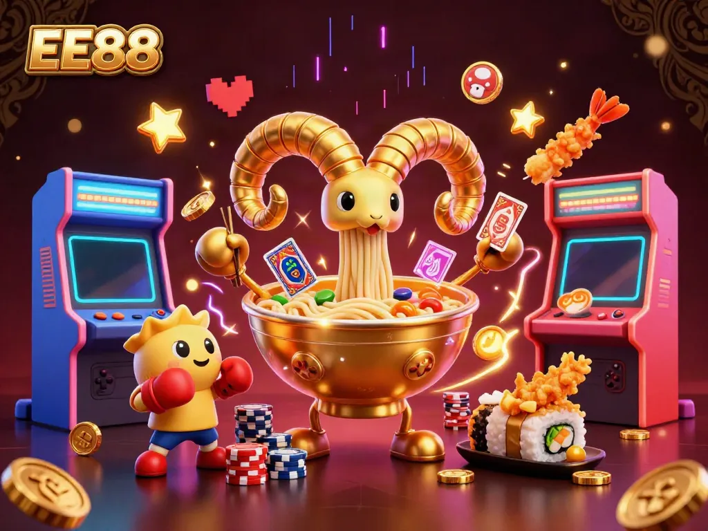 Engaging EE88 themed illustration with a cartoon ramen bowl and gaming elements, showcasing casino action.