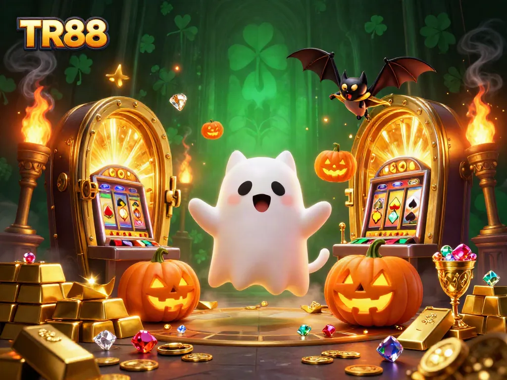 Engage with TR88 slots as the ghost cat and bat explore a vibrant haunted casino.