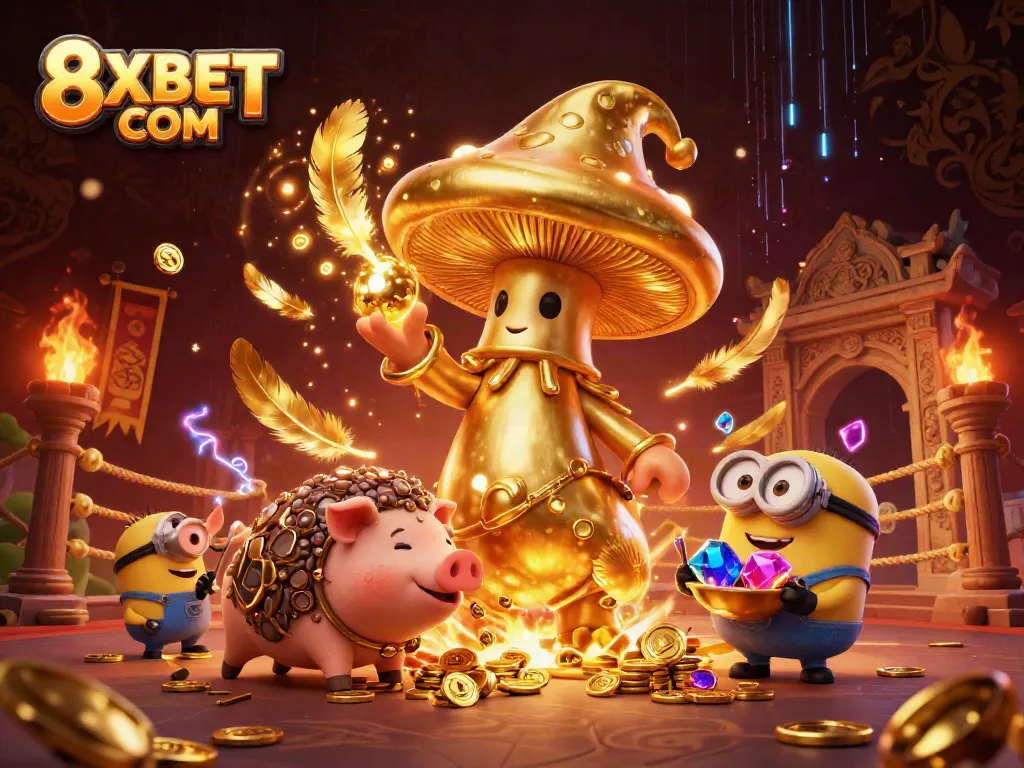 Engage with 8XBET COM's thrilling 3D casino adventure, featuring magical characters and vibrant gold elements.