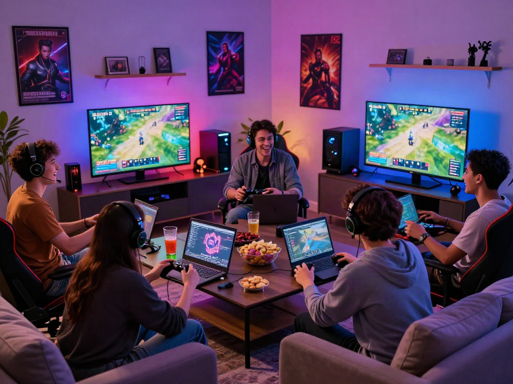 Friends enjoying porngames together in a cozy gaming setup with snacks and entertainment.