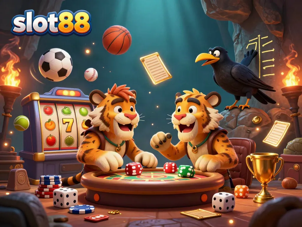 Engaging scene illustrating slot88 with a caveman and sabertooth tiger collaborating in a vibrant prehistoric casino.