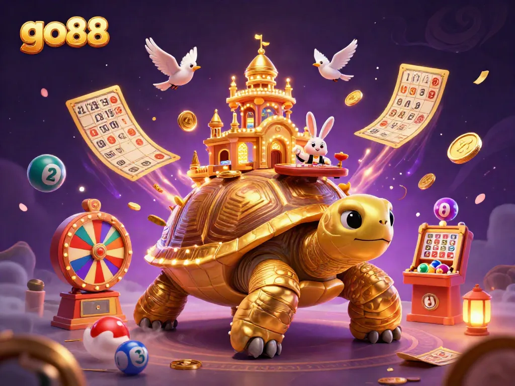 Experience excitement at go88 with a golden tortoise casino, colorful lottery balls, and a rabbit dealer.