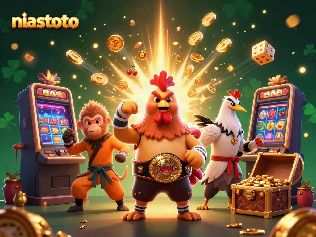 Experience winning thrills with niastoto's vibrant casino scene showcasing characters and jackpot elements.