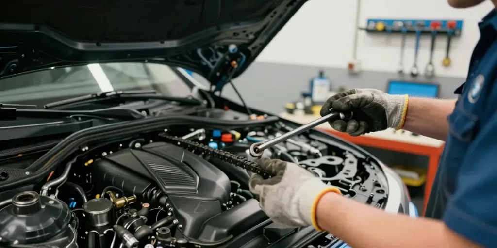 Mechaniker beim Steuerkette wechseln Hannover in einer gut organisierten Werkstatt