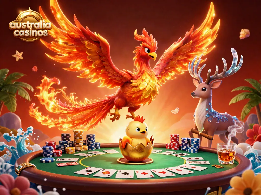Experience the thrill of australia casinos with vibrant phoenix characters and bustling poker action in a captivating 3D scene.