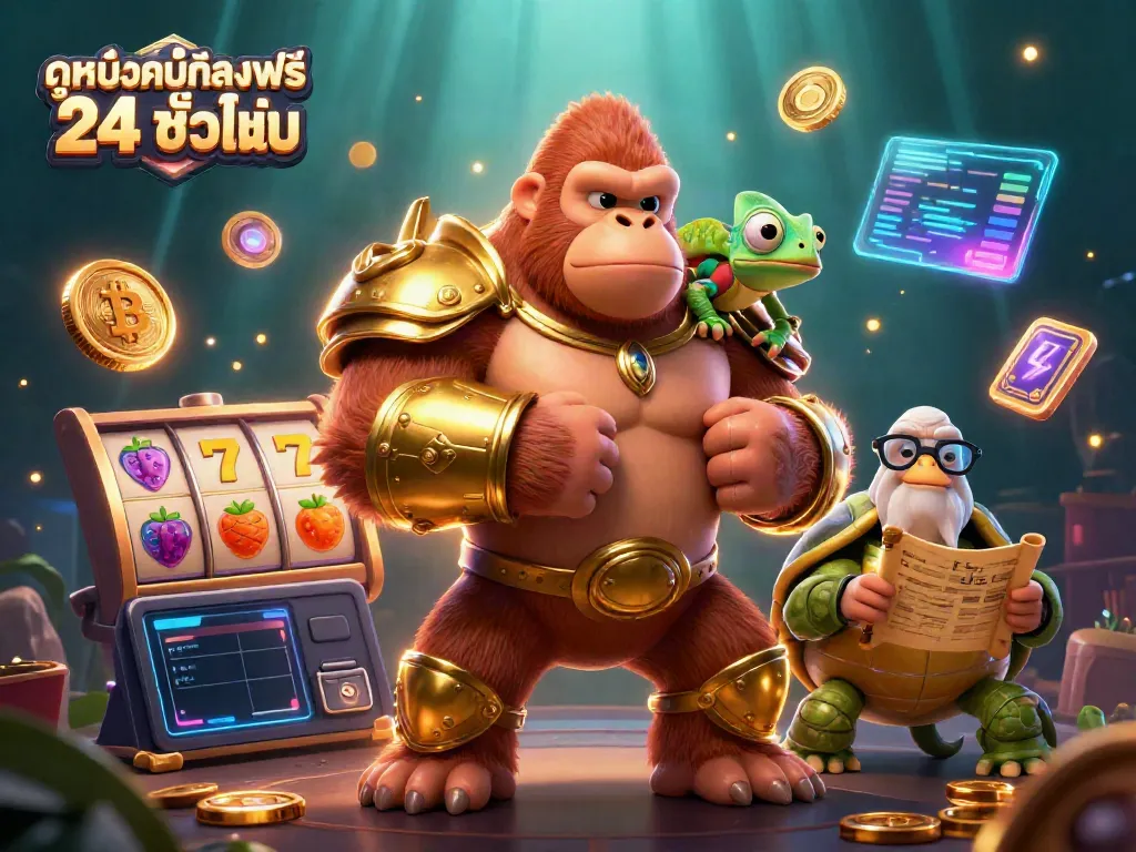 Experience ดูหนังออนไลน์ฟรี 24 ชั่วโมง through engaging slot reels and dynamic gaming elements in a vibrant casino scene.
