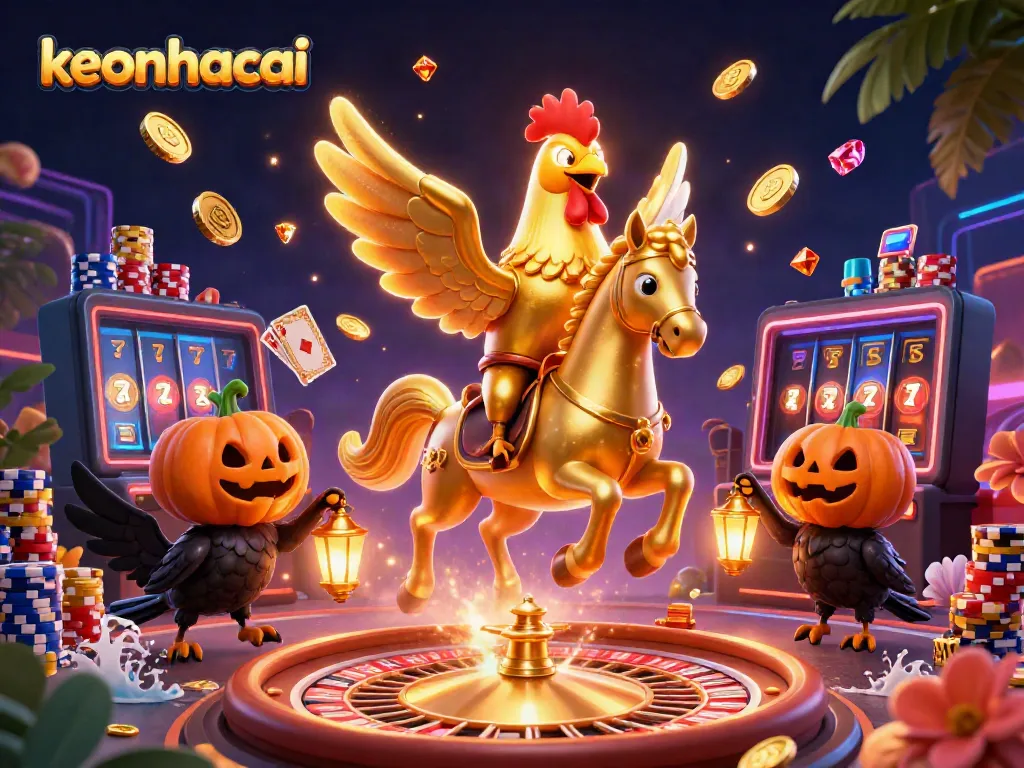 Experience the excitement of keonhacai with a golden rooster in a dazzling casino scene.