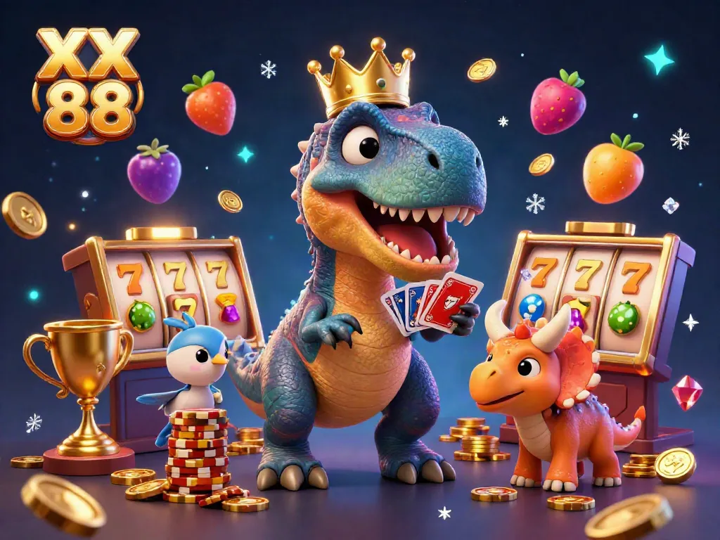 Engage with the vibrant world of XX 88 featuring a fun T-Rex and friends in an exciting casino scene.