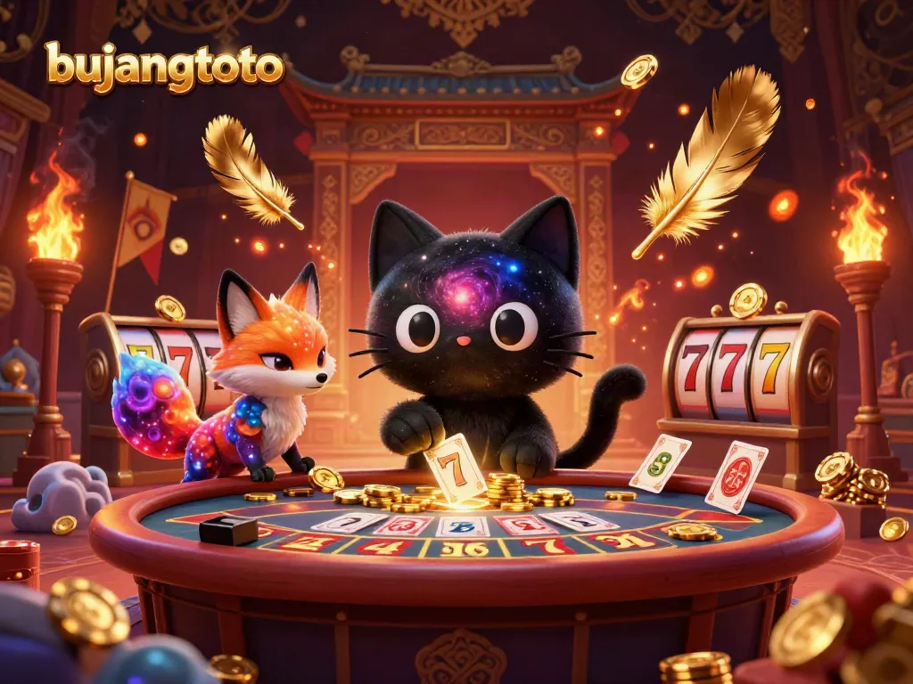 Bujangtoto engaging players with a vibrant cosmic casino scene featuring a black hole cat, golden chips, and exciting slot elements.