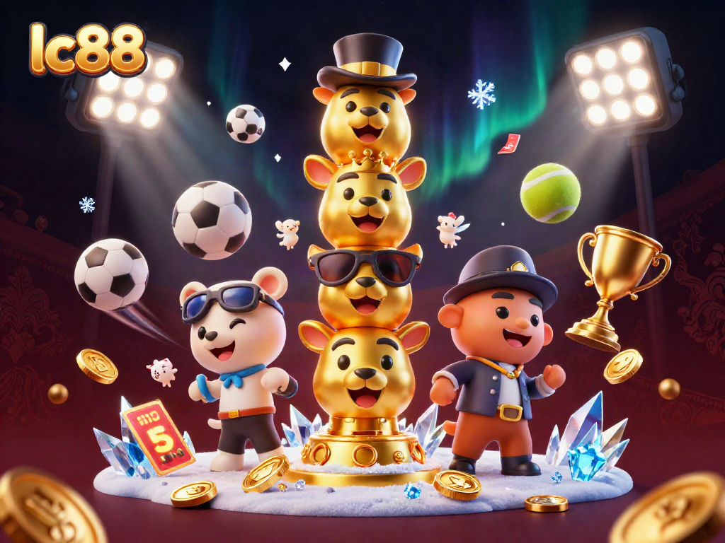 Immerse in lc88 excitement with a vibrant 3D casino scene filled with sports elements.