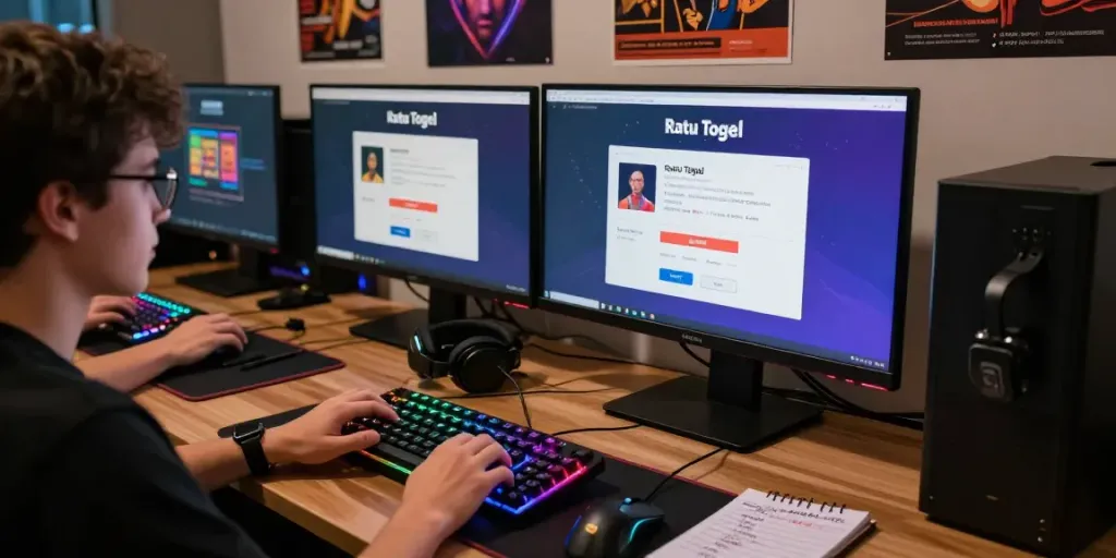 Menampilkan proses login Ratu Togel di ruang kerja modern dengan banyak aksesori bermain.
