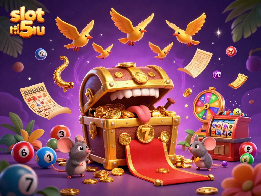 Experience slot 5 ribu excitement with vibrant game elements and golden treasures in a detailed 3D scene.