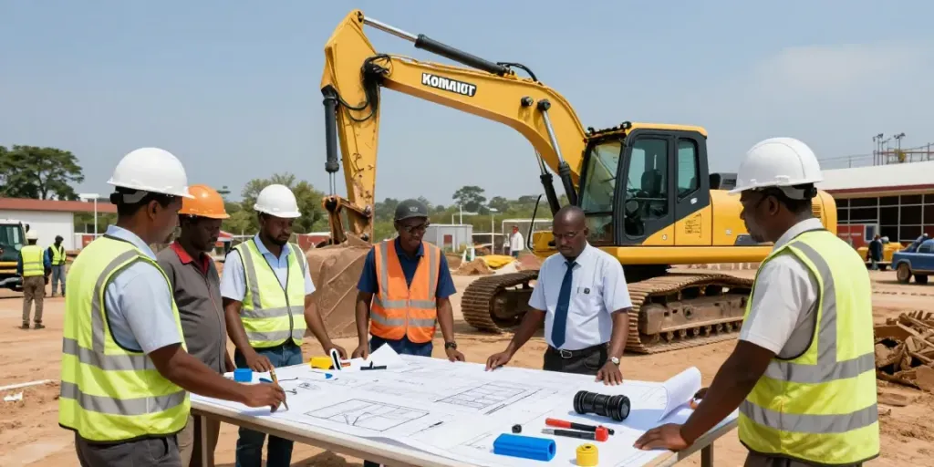Panafrican Equipment in action at a Nigerian construction site, showcasing teamwork around earthmoving machinery.