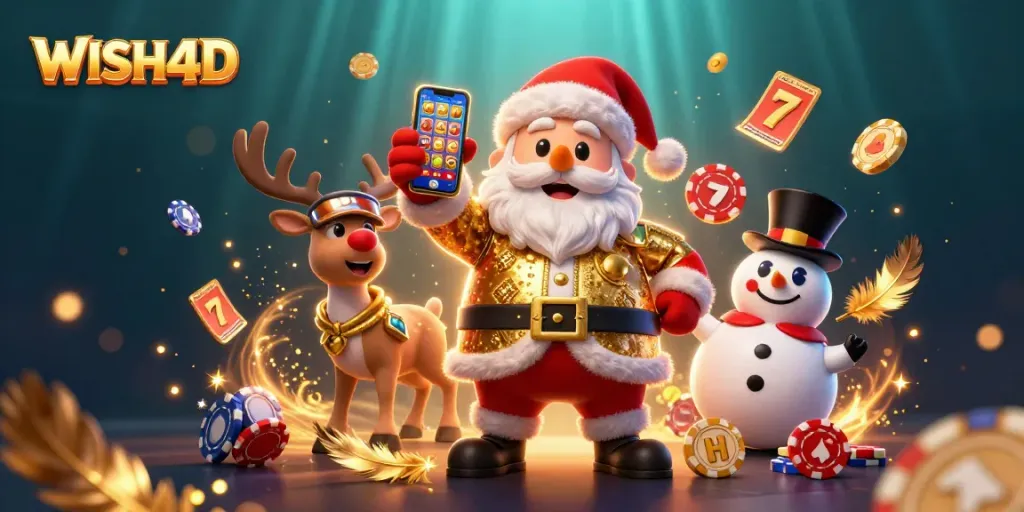 Spin the jackpot with WISH4D while Santa, his reindeer, and a chip-top hat snowman cheer!