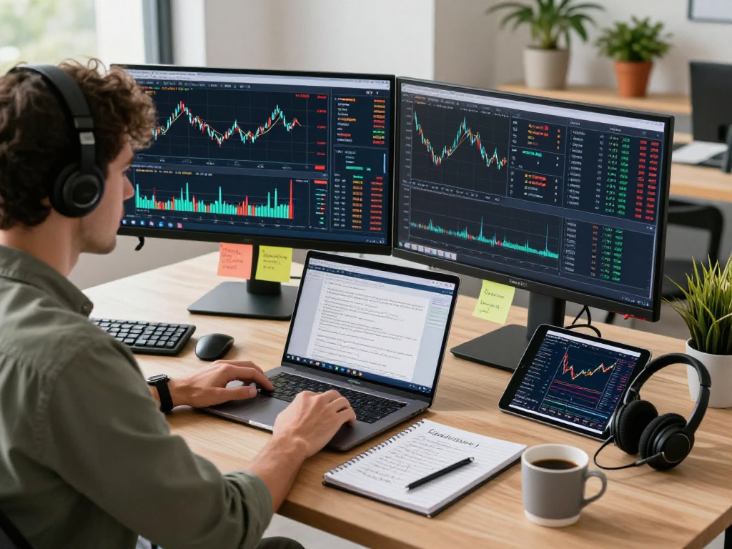 Trader analyzing market charts and alerts on TradingView in a modern workspace