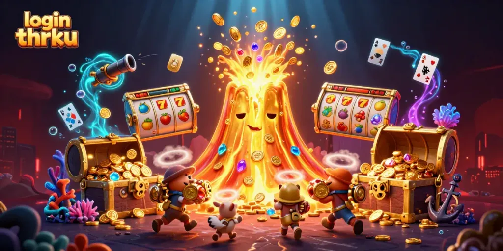 Spin to win with login thrku in a vibrant casino scene with treasures and excitement.