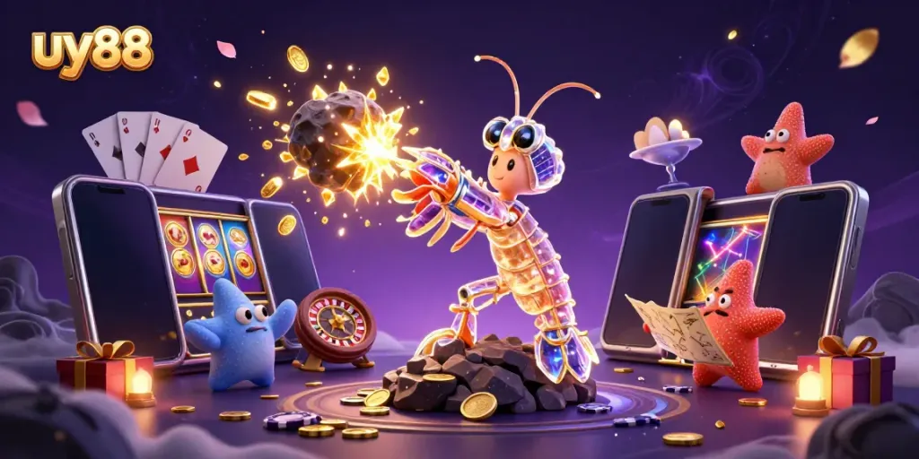 Engage with uy88's vibrant gaming scene featuring a galactic samurai mantis shrimp amid explosions of gems.