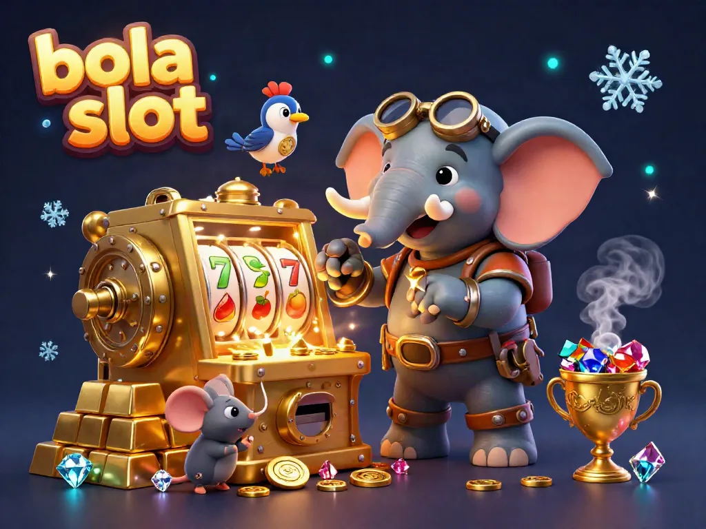 Experience thrilling bola slot action with a steampunk elephant and golden treasures in this vibrant 3D illustration.