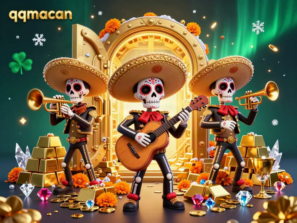 Experience the thrilling atmosphere of qqmacan with vibrant mariachi skeletons and sparkling treasures in this energetic casino scene.