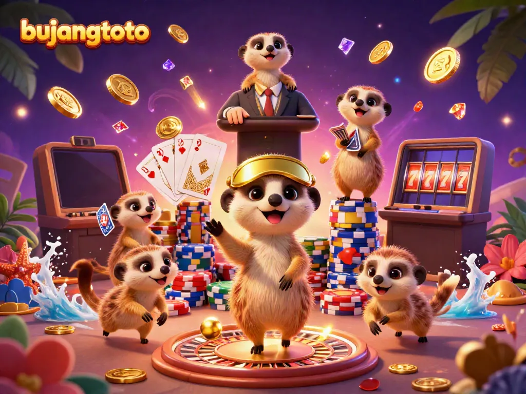 Experience the excitement of bujangtoto with a dynamic meerkat casino scene showcasing vibrant games and action.