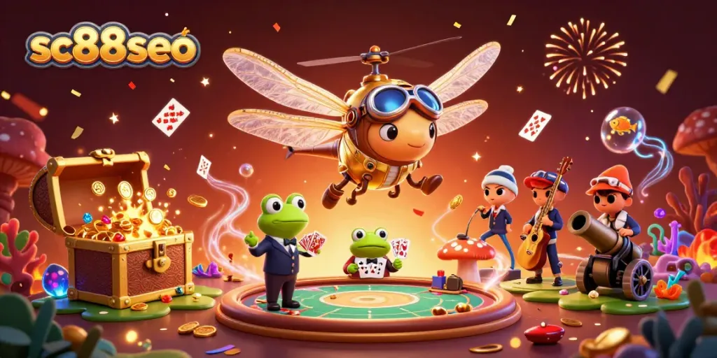 Engage with sc88seo at a vibrant lily pad casino featuring characters in a thrilling gaming scene.