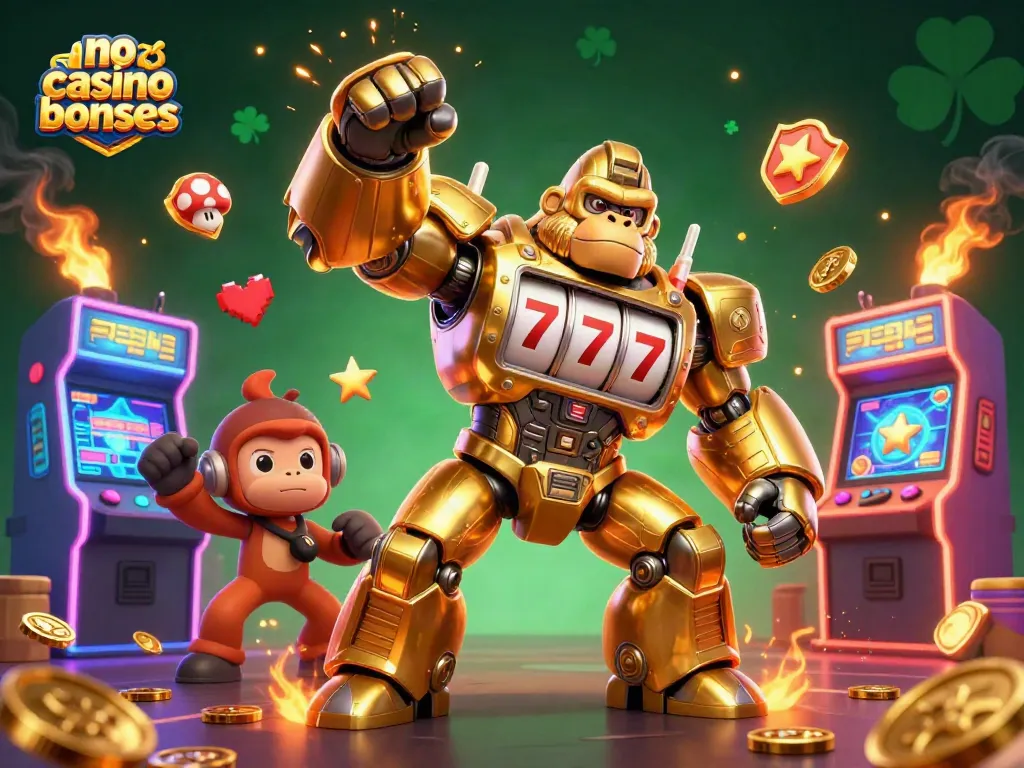Engage with no deposit casino bonuses in this dynamic 3D scene of a golden gorilla mech and arcade games.