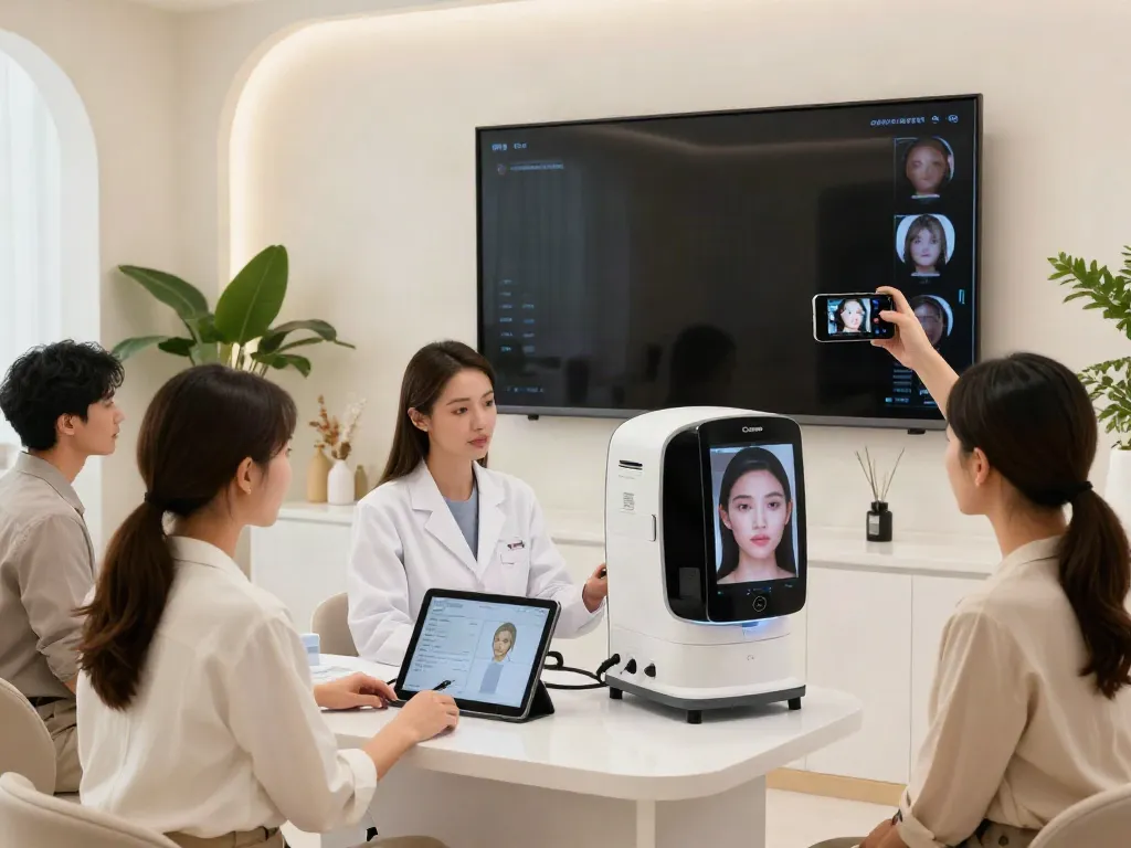 Consultation at a beauty clinic discussing alternatives to QOVES with advanced facial analysis technology.
