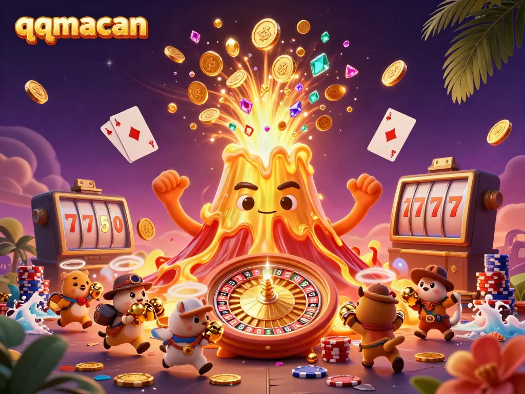 Experience thrilling wins at qqmacan with a lively casino scene of a volcano emitting treasures, games, and excitement.