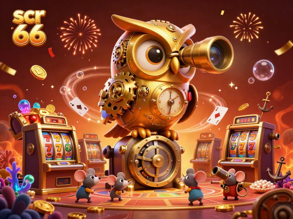 Spin to win at scr 66 online casino featuring a whimsical golden owl and intricate gaming elements.