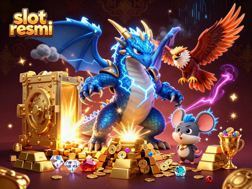 Experience thrilling moments with 'slot resmi' in a vibrant casino scene featuring mystical creatures and riches.