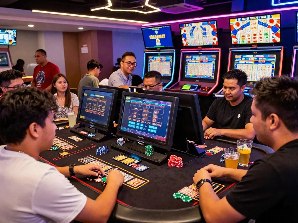 Exciting togel online gaming scene with players engaged around digital lottery table.