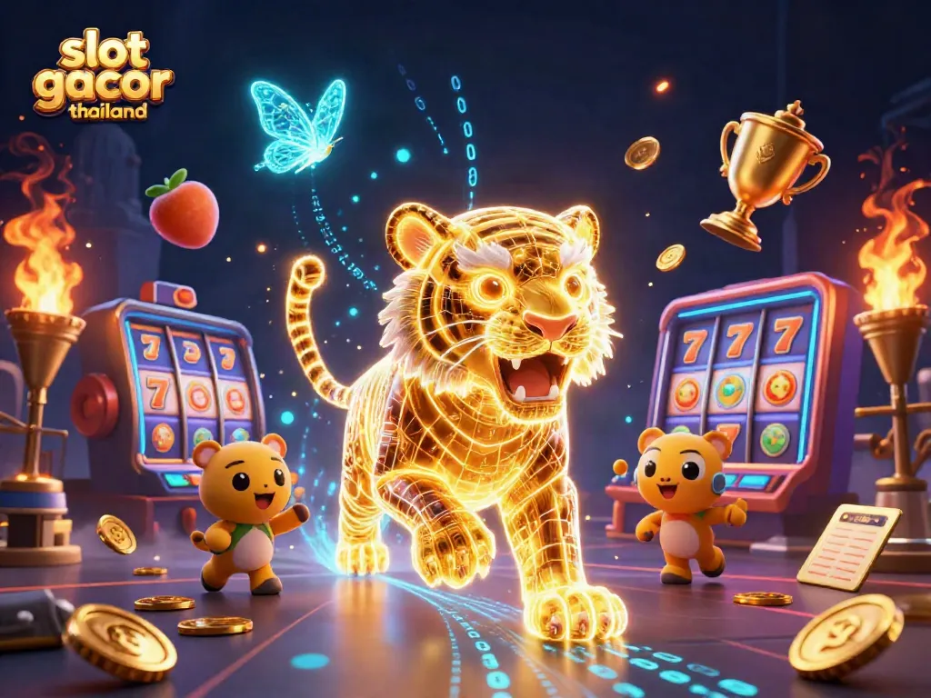 Engage with slot gacor thailand in a vibrant digital casino scene featuring a neon tiger and slot elements.