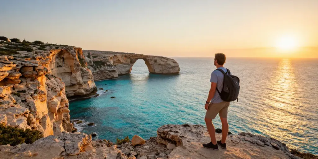 Traveler enjoying a malta gozo tour at sunset with cliffs and sea backdrop.