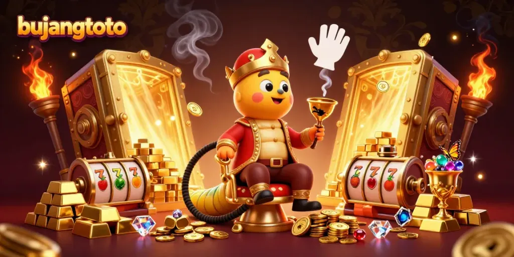 Experience thrilling gaming at bujangtoto with vibrant cartoon characters surrounded by casino treasures.