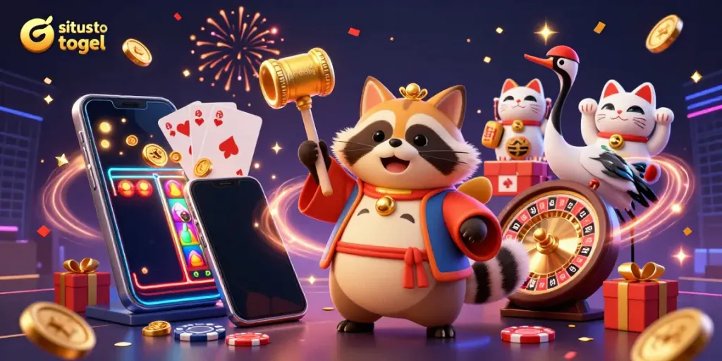 Experience excitement with situs toto togel in this vibrant 3D scene featuring a cheerful tanuki and festive elements.