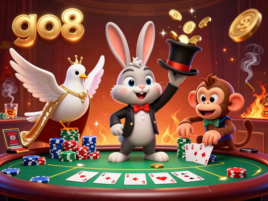 Engage with go8's thrilling casino world, featuring a magician rabbit, a dove, and a monkey, all amidst vibrant poker elements.