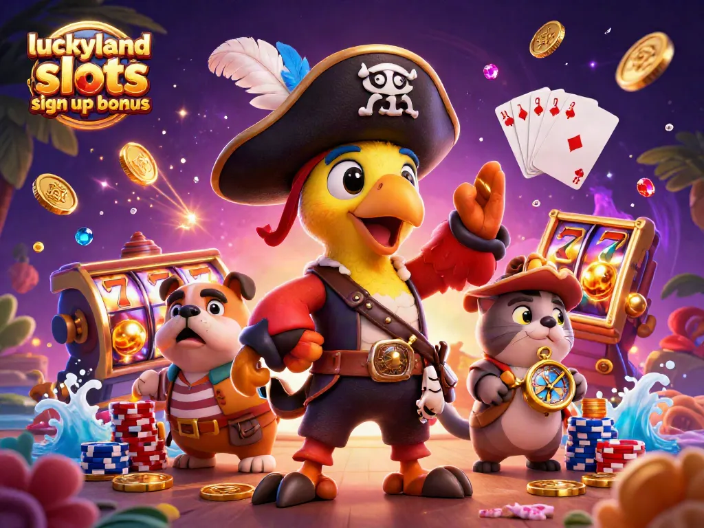 Experience the luckyland slots sign up bonus with vibrant casino-themed illustration featuring pirates and slot games.