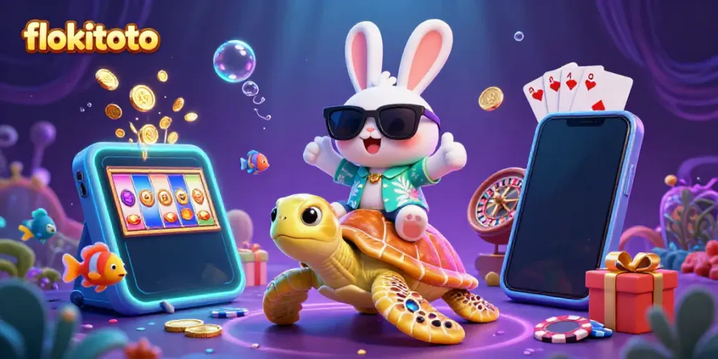Join the fun with flokitoto by spinning colorful slot games in this vibrant underwater scene.