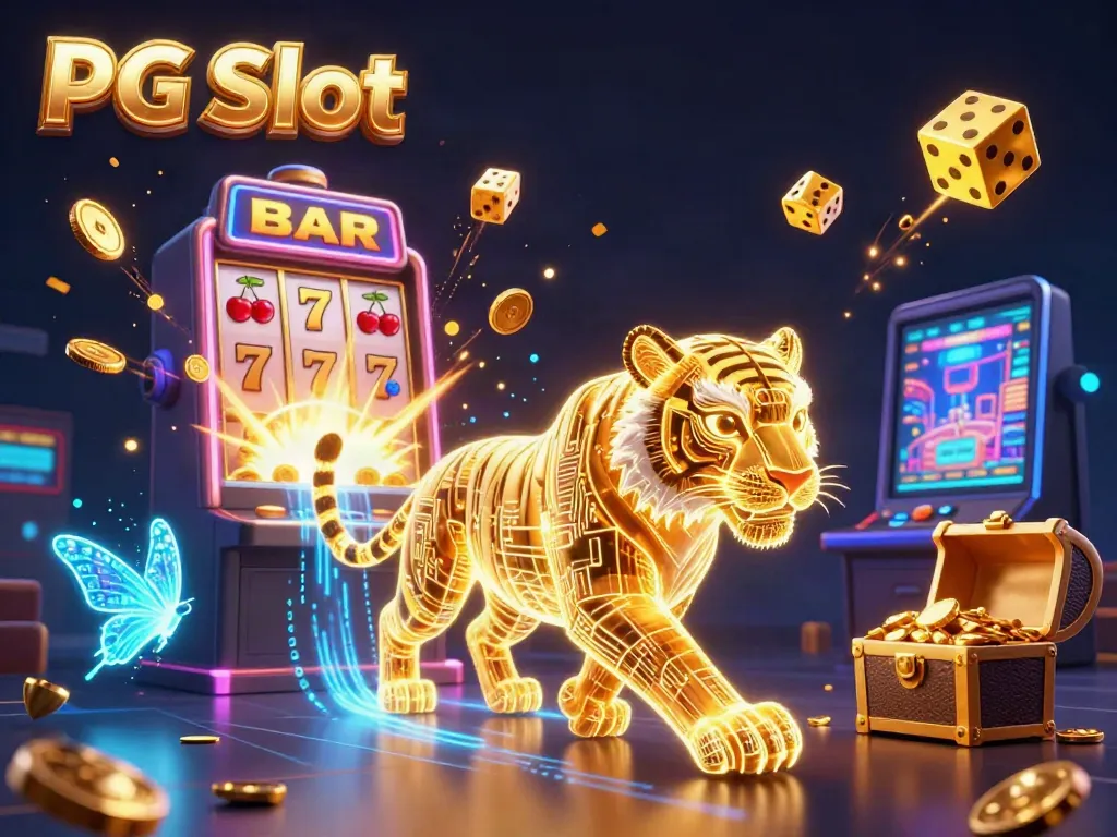 Gim slot PG Slot dengan simbol keberuntungan dan jackpot, dikelilingi oleh tumpukan koin emas.