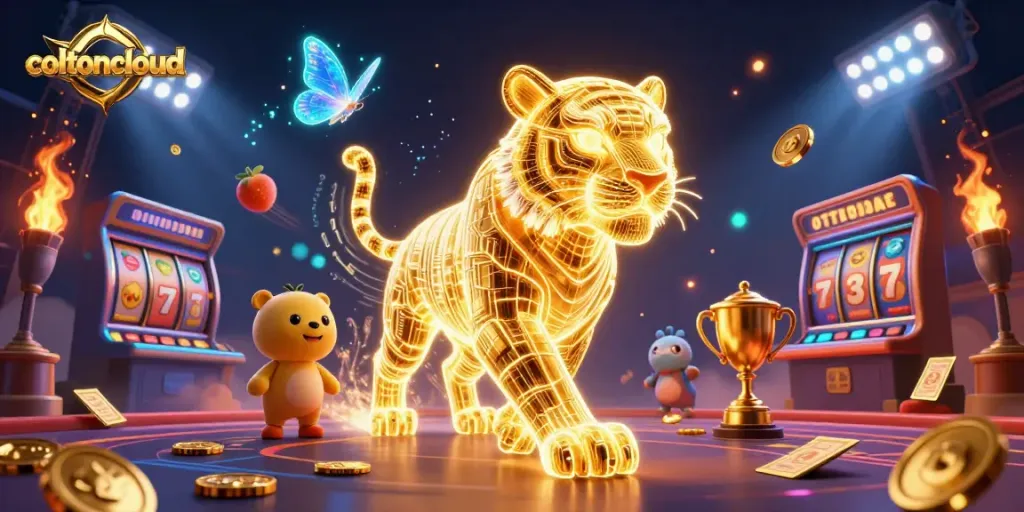 Engage with cottoncloud's thrilling casinos featuring slot reels and a striking golden tiger illustration.