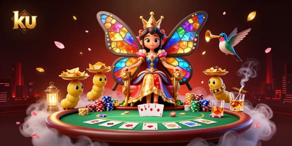 Bet on ku with vibrant poker scene featuring a butterfly queen and rich gaming elements.